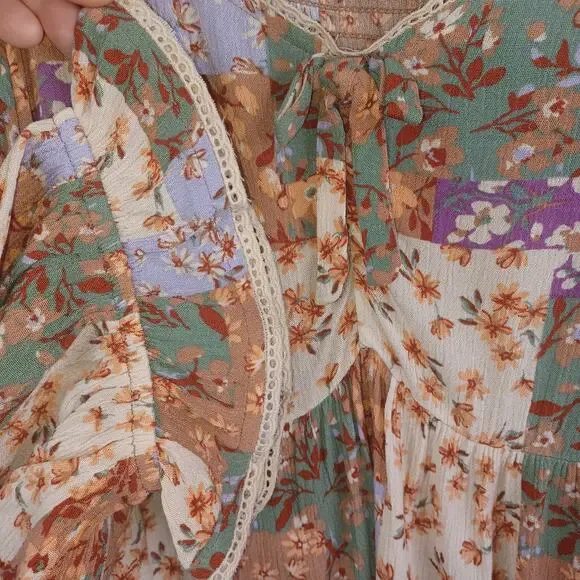 Cato Floral Patchwork Babydoll Boho Top L Milkmaid Smocked Cottagecore Peasant - Picture 5 of 11